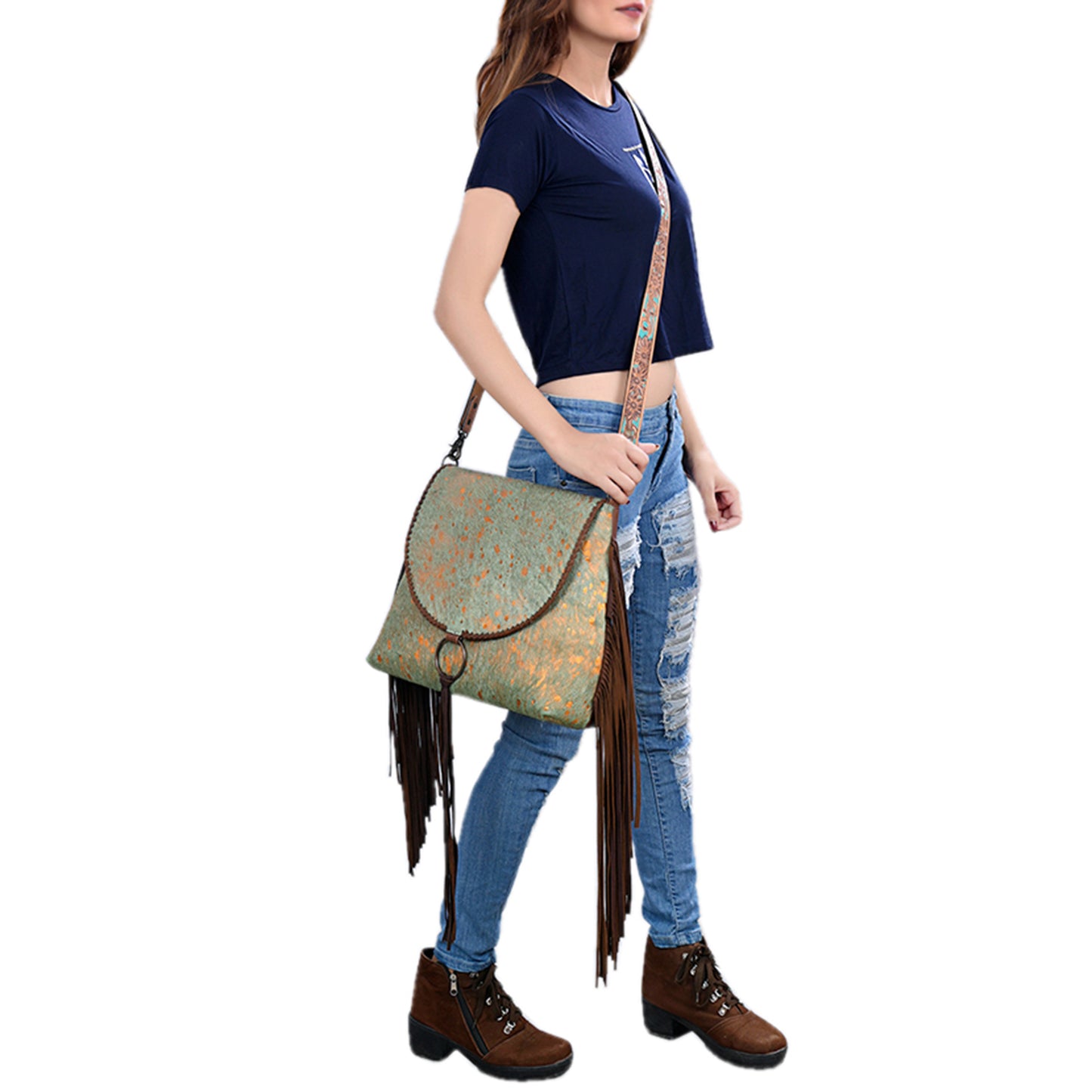 ADBG1273 American Darling Cowhide Fringe Crossbody | Tooled Leather Bag