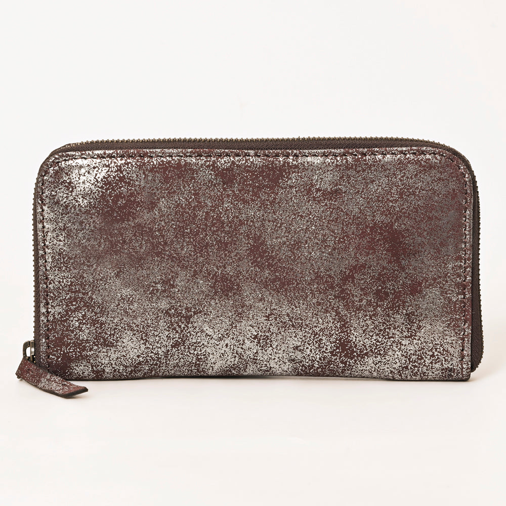 ADBGZ776 Western Metallic Distressed Leather Wallet - Silver-Foiled Zip Clutch