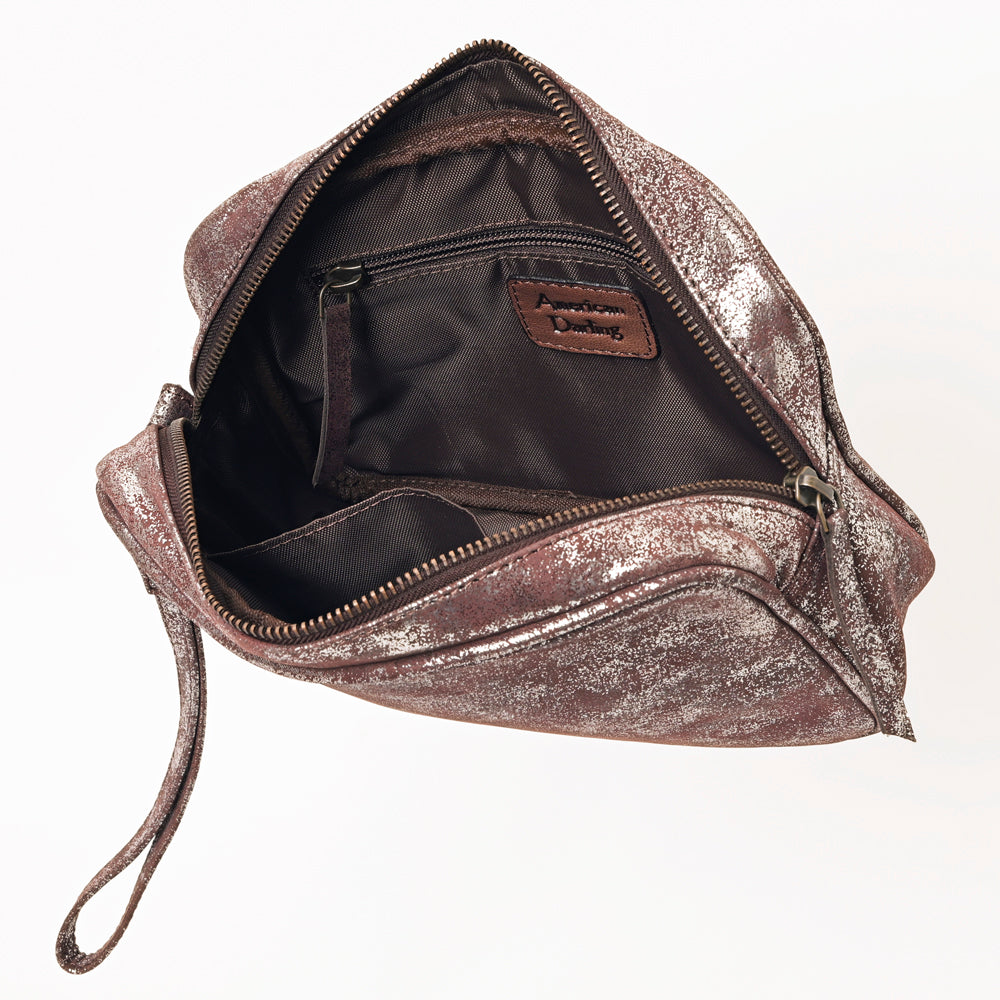 ADBGZ777 Western Metallic Leather Wristlet Jewelry Case - Silver-Foiled Distressed Finish