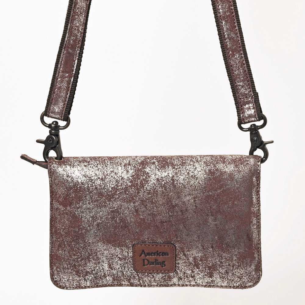 ADBGZ778 Western Distressed Metallic Leather Crossbody - Silver-Foiled Sling Bag