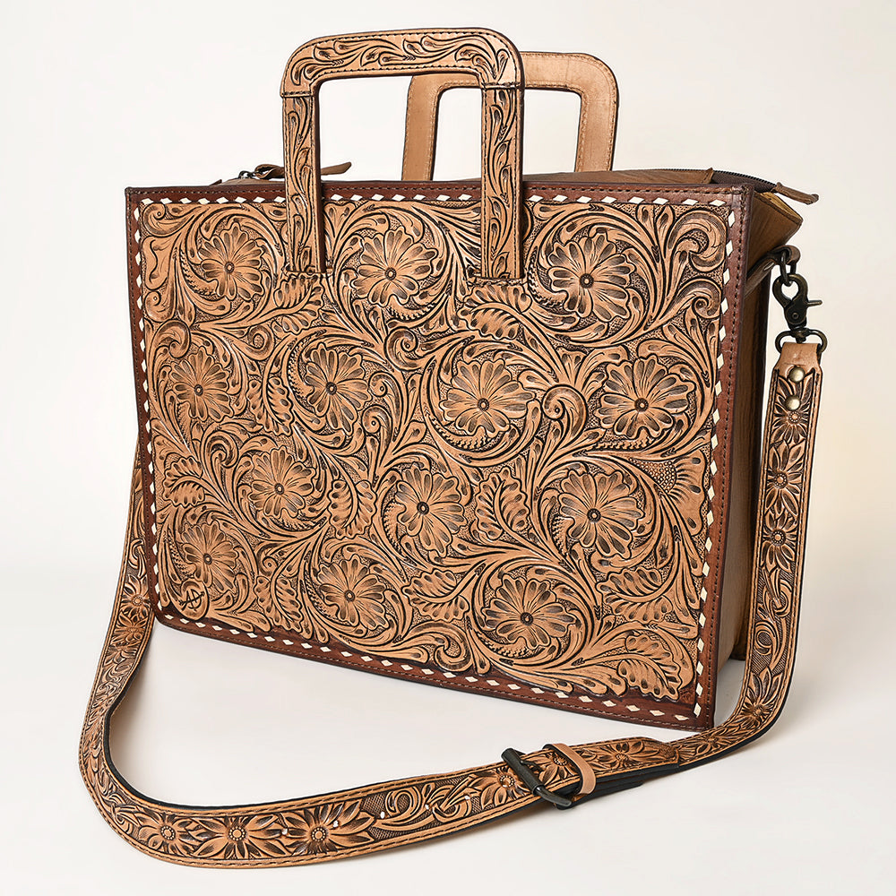 ADBG1276 American Darling Hand Tooled Leather Briefcase | Floral Carved Work Bag