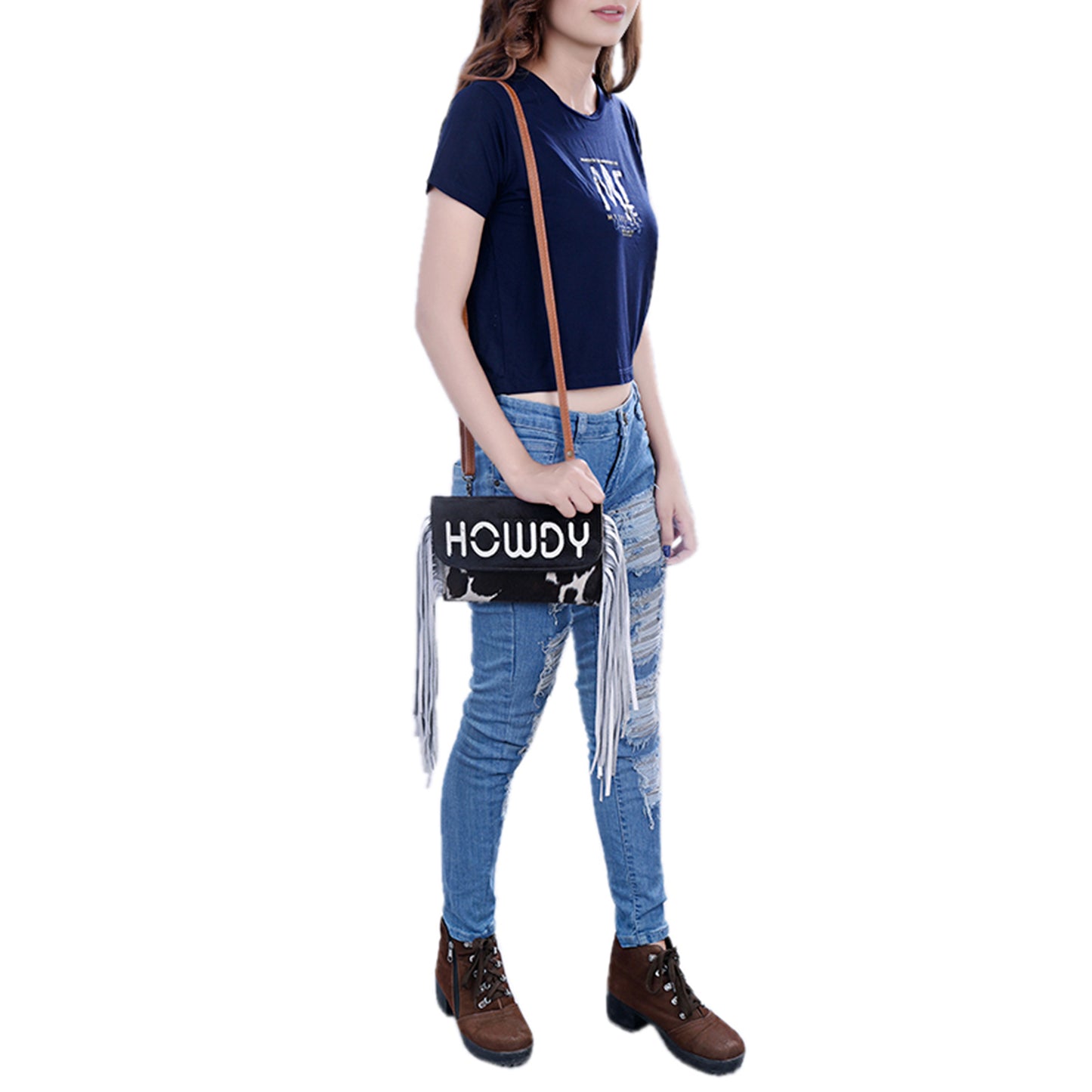 ADBG1282 American Darling Western Leather Wallet Bag with Hair-On Cowhide & Fringe