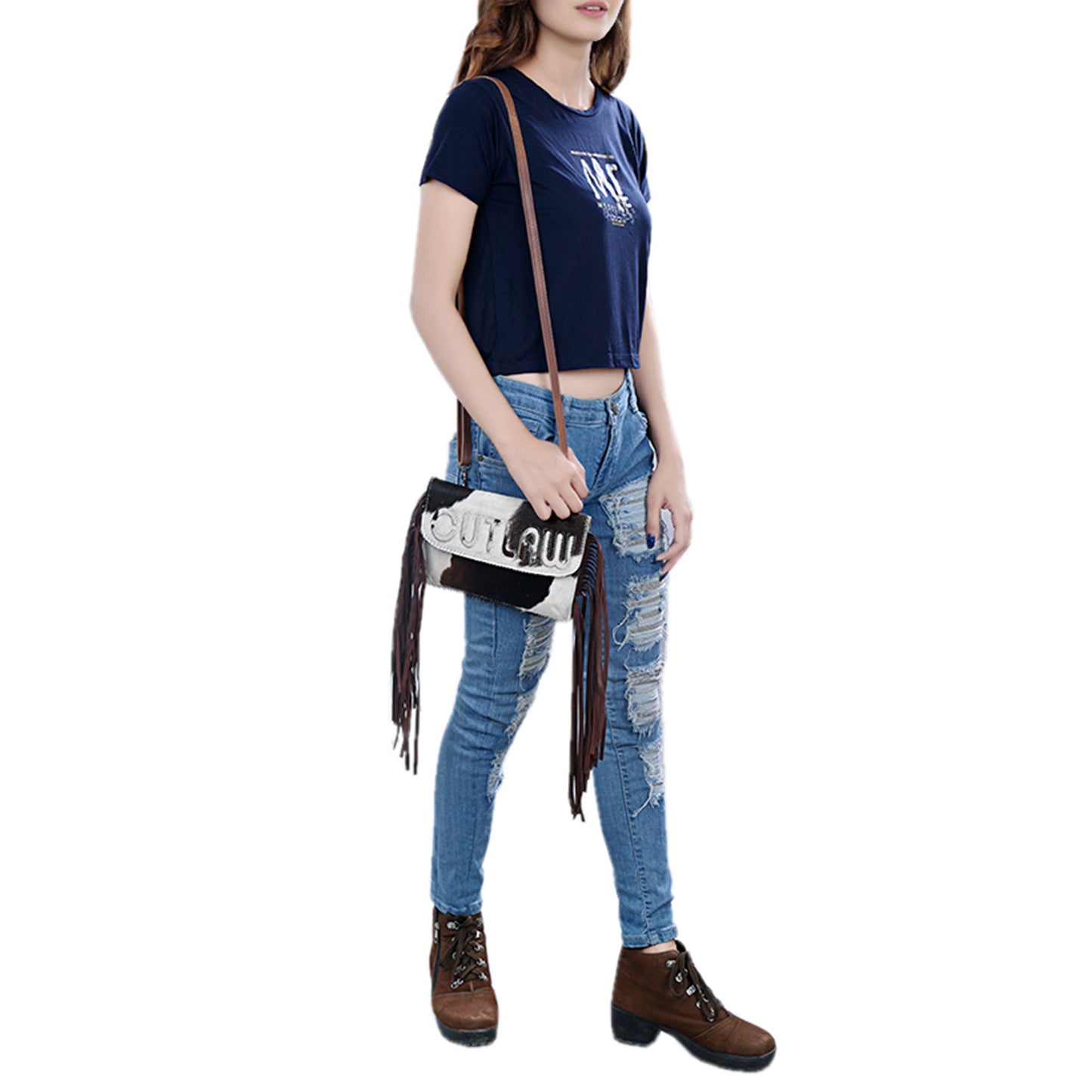 ADBG1283 American Darling Hair-on Cowhide Fringe Crossbody Wallet Bag | Western Slogan Clutch
