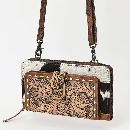 ADBG1288 American Darling Hair-On Cowhide & Hand-Tooled Organizer Wallet Bag| Western Crossbody Clutch
