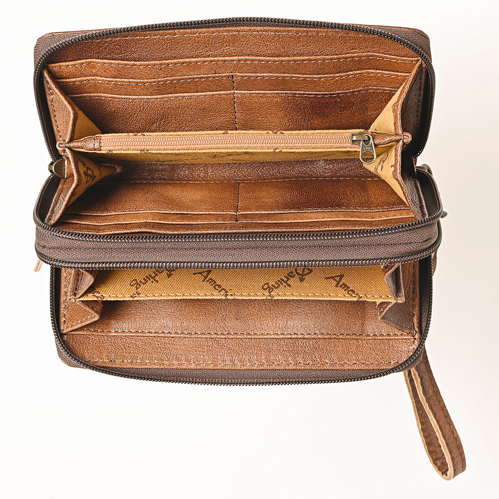 ADBG1290 American Darling Hand-Tooled Leather Western Wristlet Bag - Genuine Floral Carved Wallet