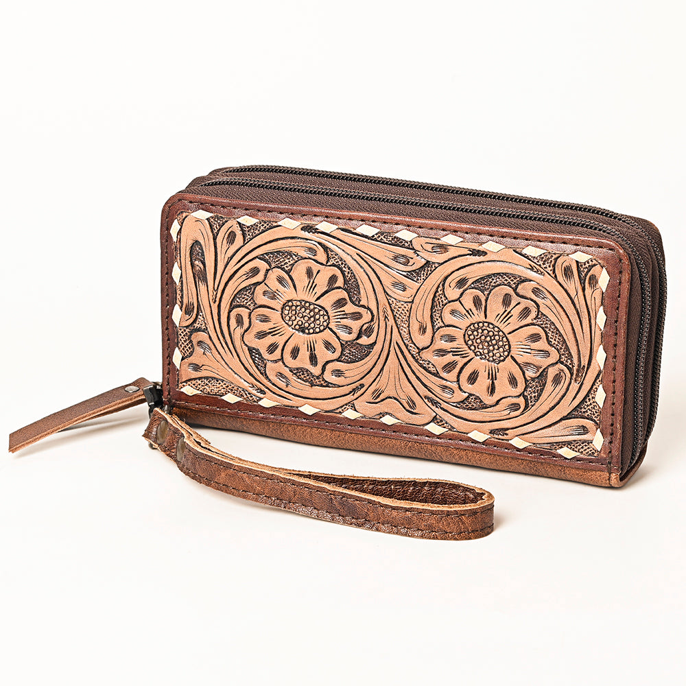 ADBG1290 American Darling Hand-Tooled Leather Western Wristlet Bag - Genuine Floral Carved Wallet