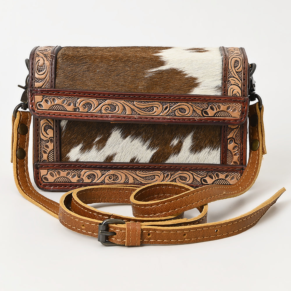 ADBG1292 American Darling Handcrafted Western Leather Crossbody Bag with Hair-On Cowhide & Tooled Details