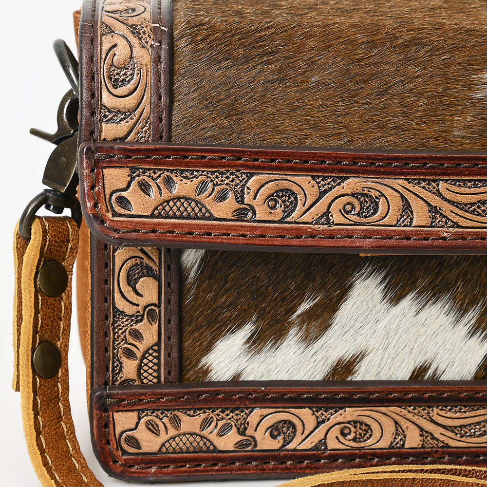 ADBG1292 American Darling Handcrafted Western Leather Crossbody Bag with Hair-On Cowhide & Tooled Details