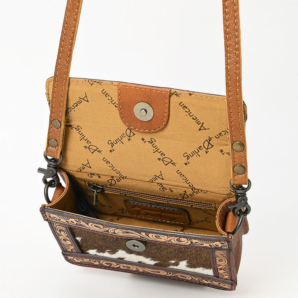 ADBG1292 American Darling Handcrafted Western Leather Crossbody Bag with Hair-On Cowhide & Tooled Details
