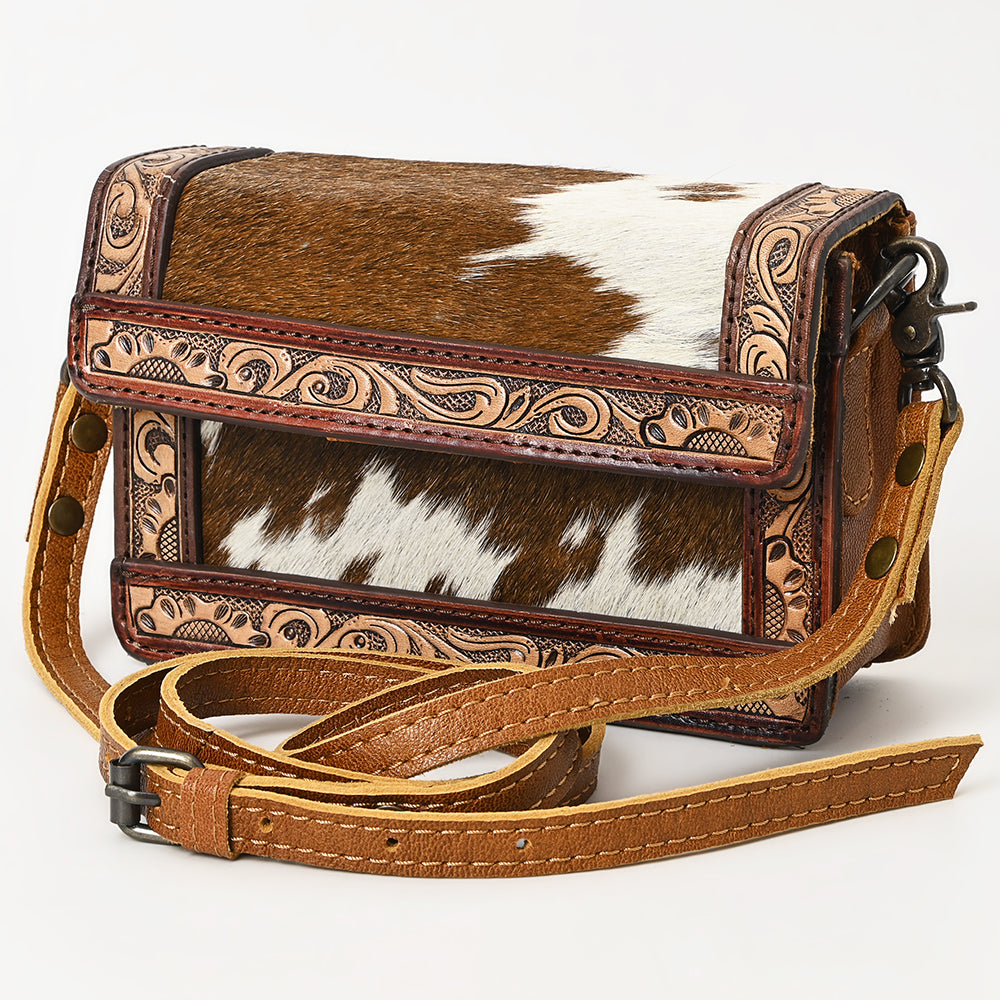 ADBG1292 American Darling Handcrafted Western Leather Crossbody Bag with Hair-On Cowhide & Tooled Details