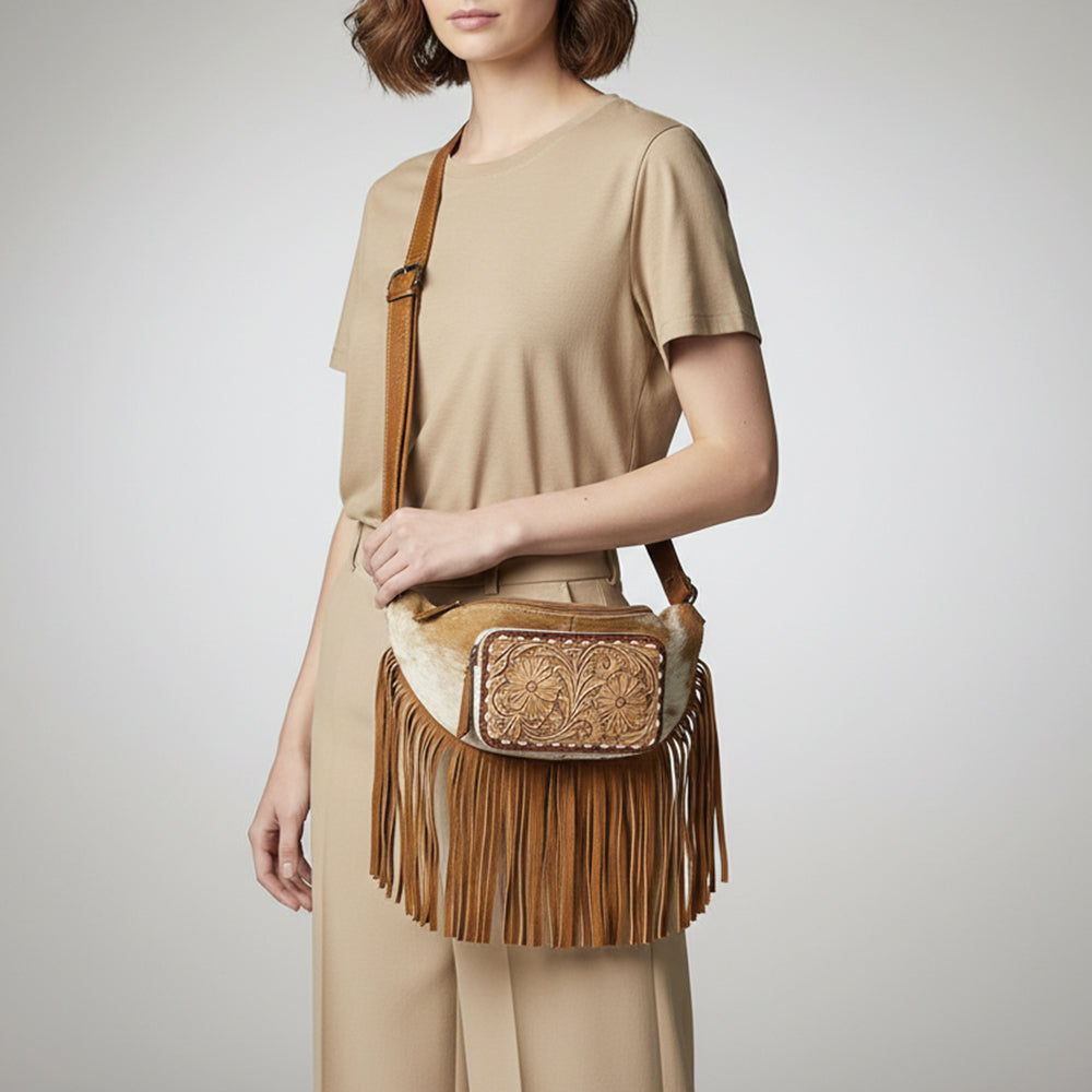 ADBG1297 American Darling Western Leather Fanny Pack with Hair-On Cowhide and Fringe | Hand-Tooled Waist Bag