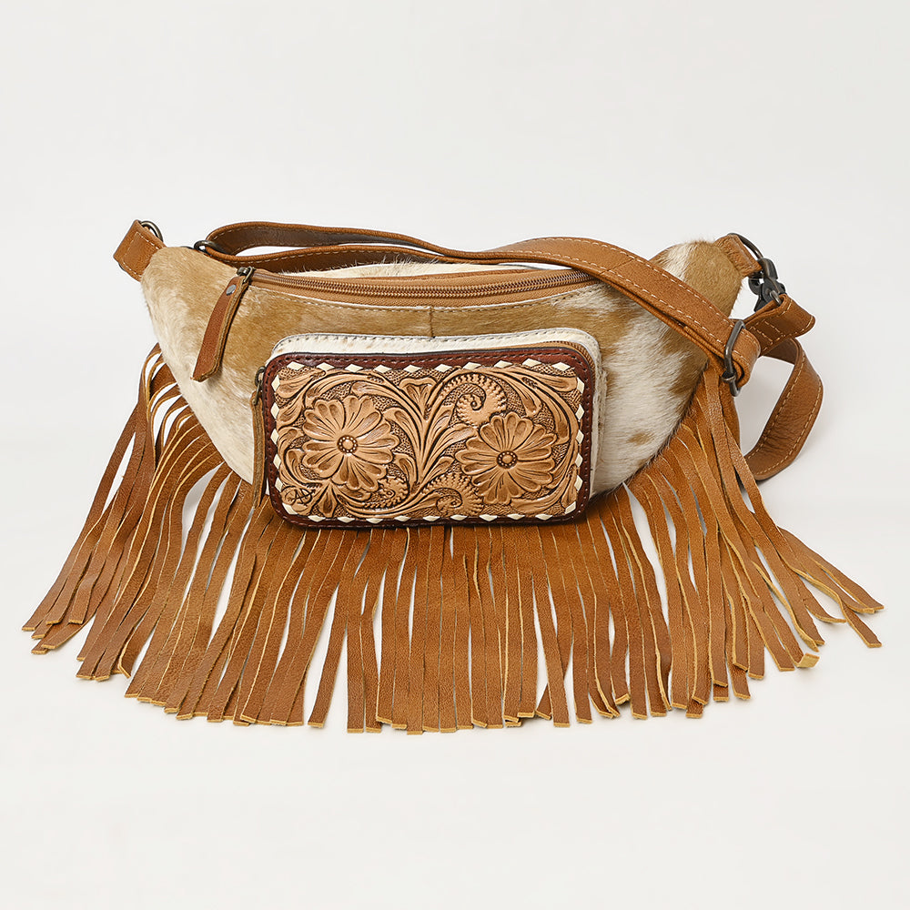 ADBG1297 American Darling Western Leather Fanny Pack with Hair-On Cowhide and Fringe | Hand-Tooled Waist Bag