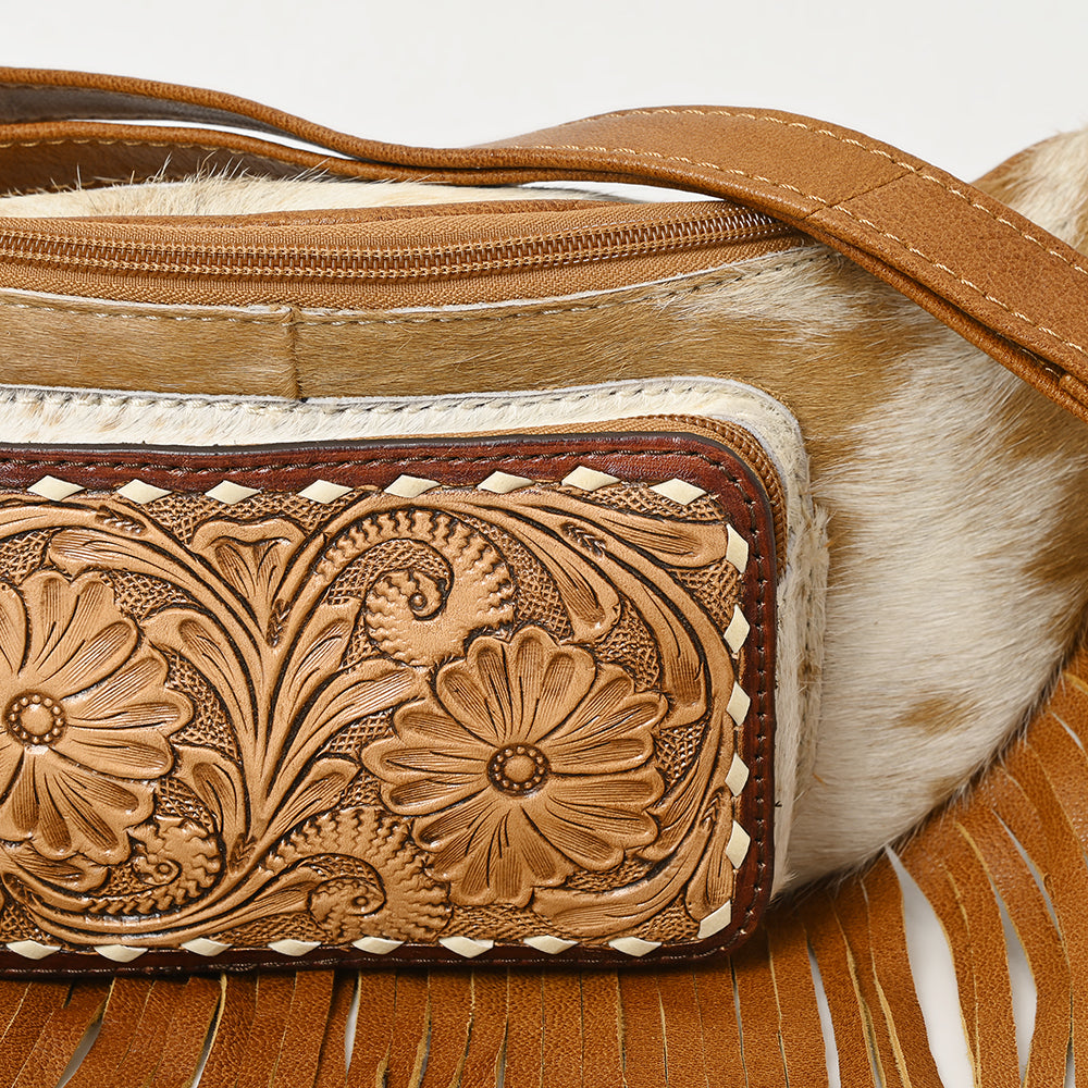 ADBG1297 American Darling Western Leather Fanny Pack with Hair-On Cowhide and Fringe | Hand-Tooled Waist Bag
