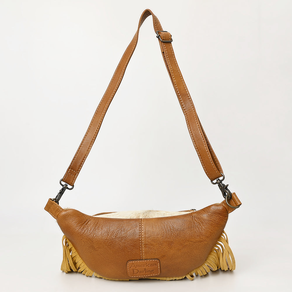 ADBG1297 American Darling Western Leather Fanny Pack with Hair-On Cowhide and Fringe | Hand-Tooled Waist Bag