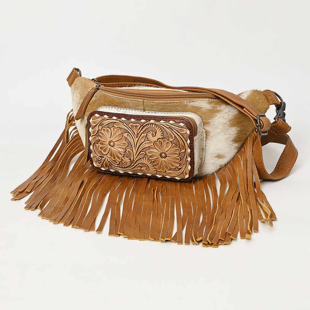 ADBG1297 American Darling Western Leather Fanny Pack with Hair-On Cowhide and Fringe | Hand-Tooled Waist Bag