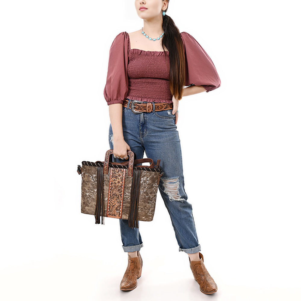 ADBG1298 American Darling Western Leather Tote Bag with Hair-On Cowhide & Hand-Tooled Handles | Fringe Detail