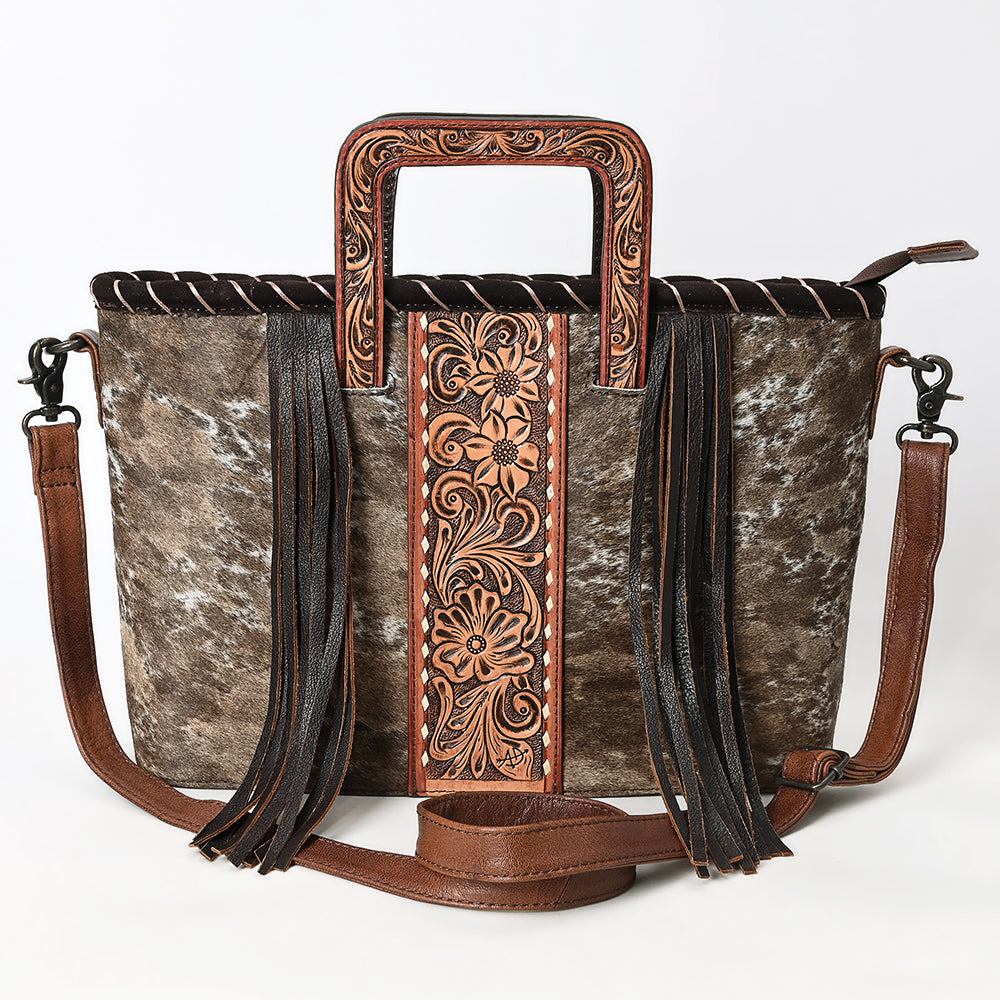 ADBG1298 American Darling Western Leather Tote Bag with Hair-On Cowhide & Hand-Tooled Handles | Fringe Detail