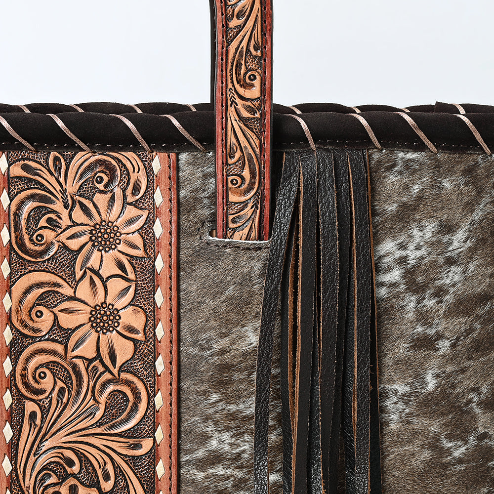 ADBG1298 American Darling Western Leather Tote Bag with Hair-On Cowhide & Hand-Tooled Handles | Fringe Detail