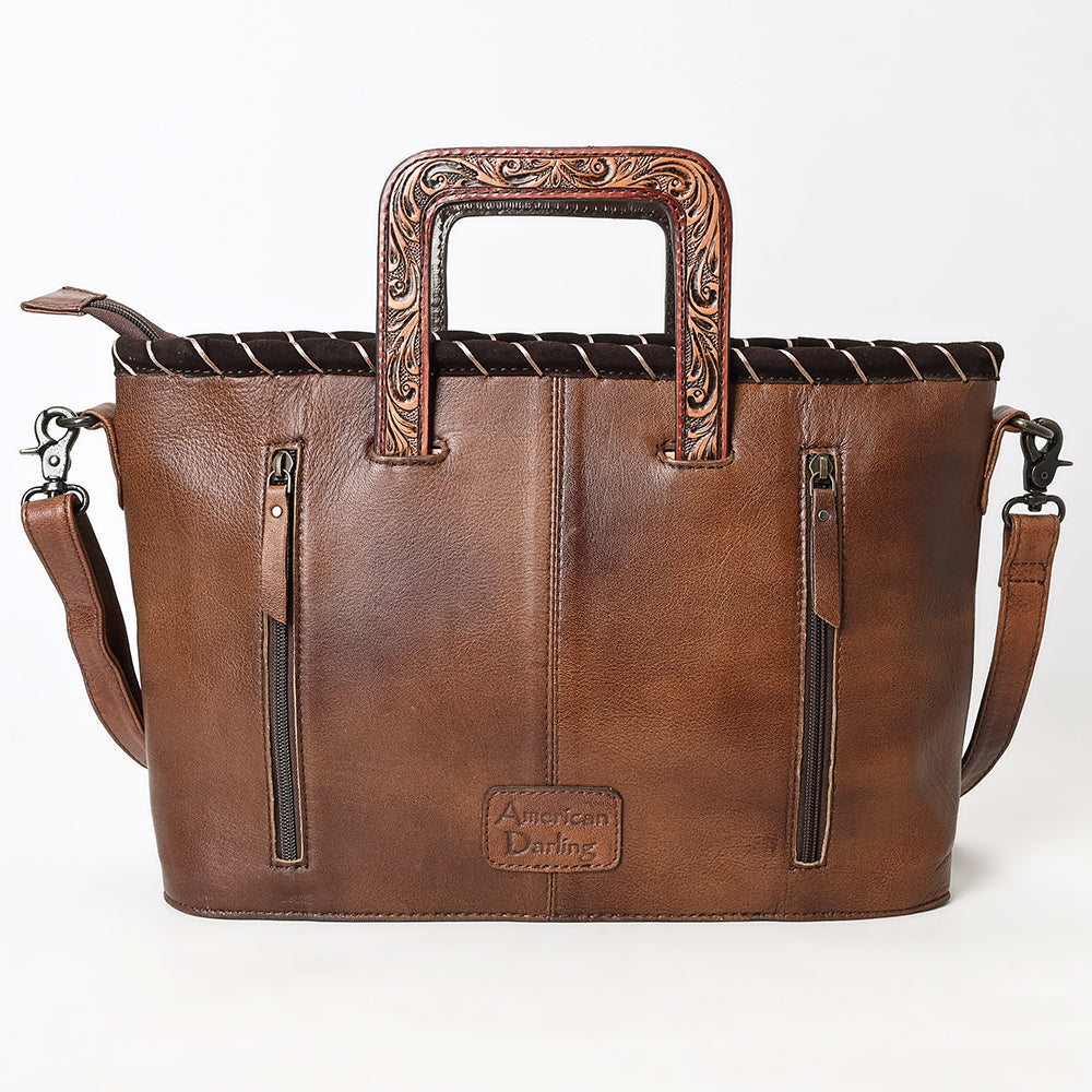 ADBG1298 American Darling Western Leather Tote Bag with Hair-On Cowhide & Hand-Tooled Handles | Fringe Detail