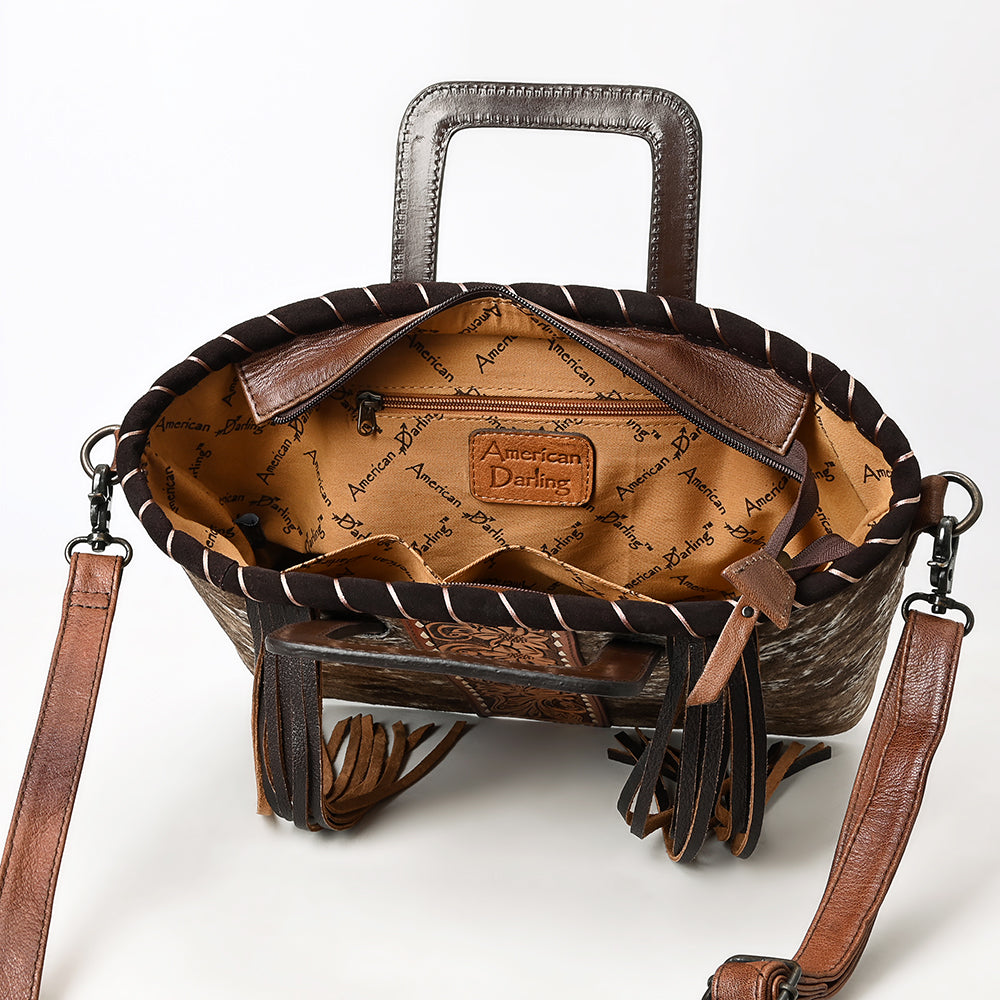 ADBG1298 American Darling Western Leather Tote Bag with Hair-On Cowhide & Hand-Tooled Handles | Fringe Detail