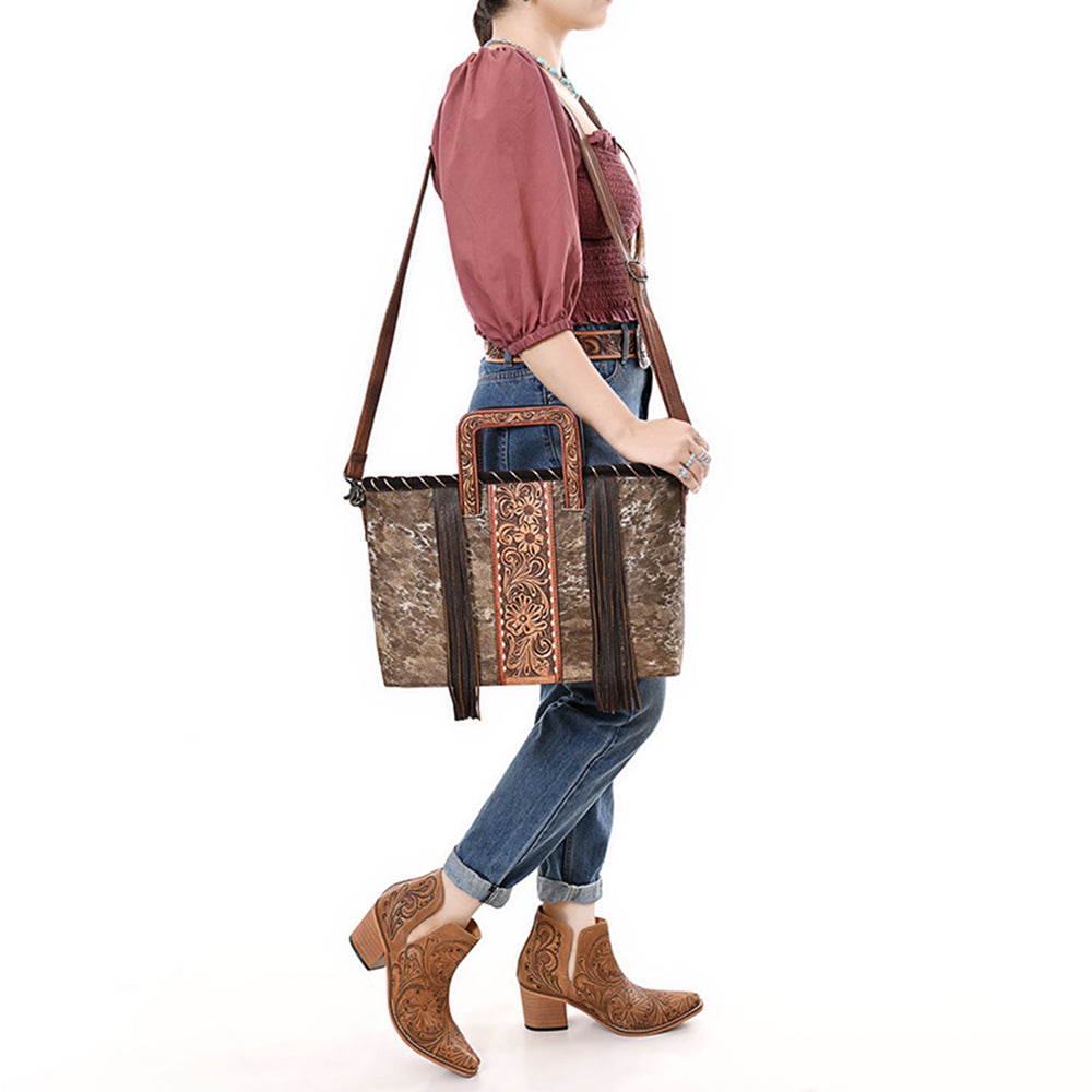 ADBG1298 American Darling Western Leather Tote Bag with Hair-On Cowhide & Hand-Tooled Handles | Fringe Detail