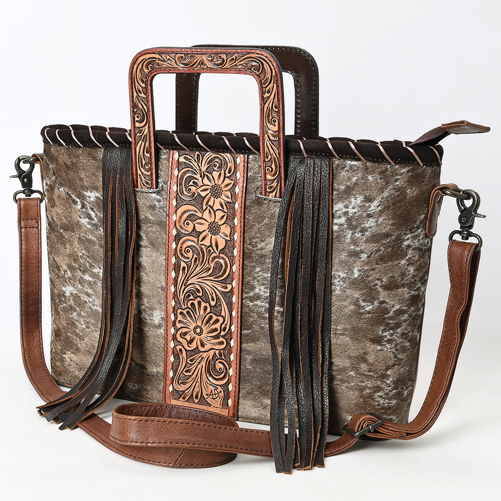 ADBG1298 American Darling Western Leather Tote Bag with Hair-On Cowhide & Hand-Tooled Handles | Fringe Detail