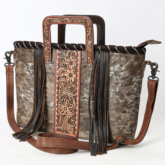 ADBG1298 American Darling Western Leather Tote Bag with Hair-On Cowhide & Hand-Tooled Handles | Fringe Detail