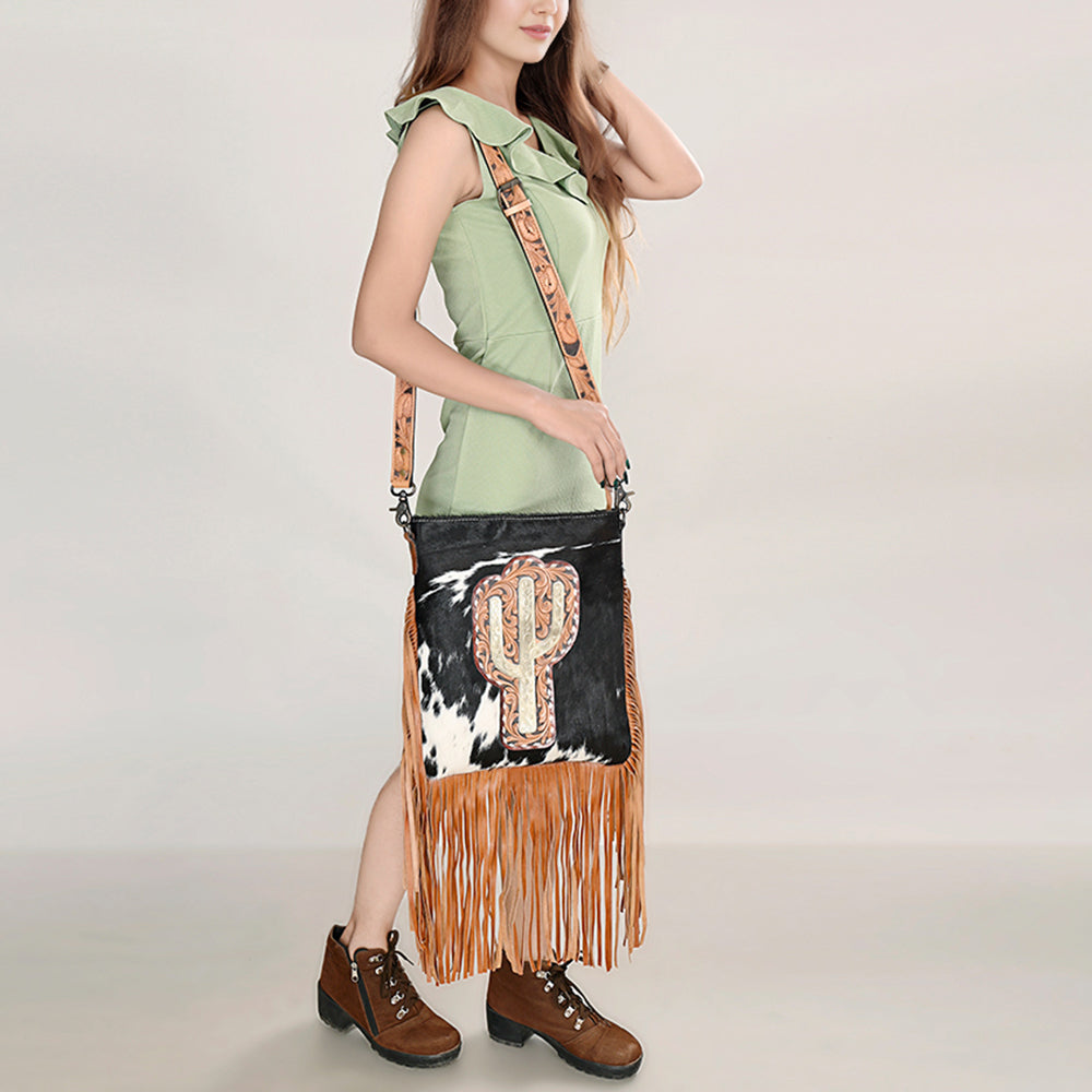 ADBG1299 American Darling Western Leather Hair-On Cowhide Large Crossbody Bag with Hand-Tooled Fringe Detail
