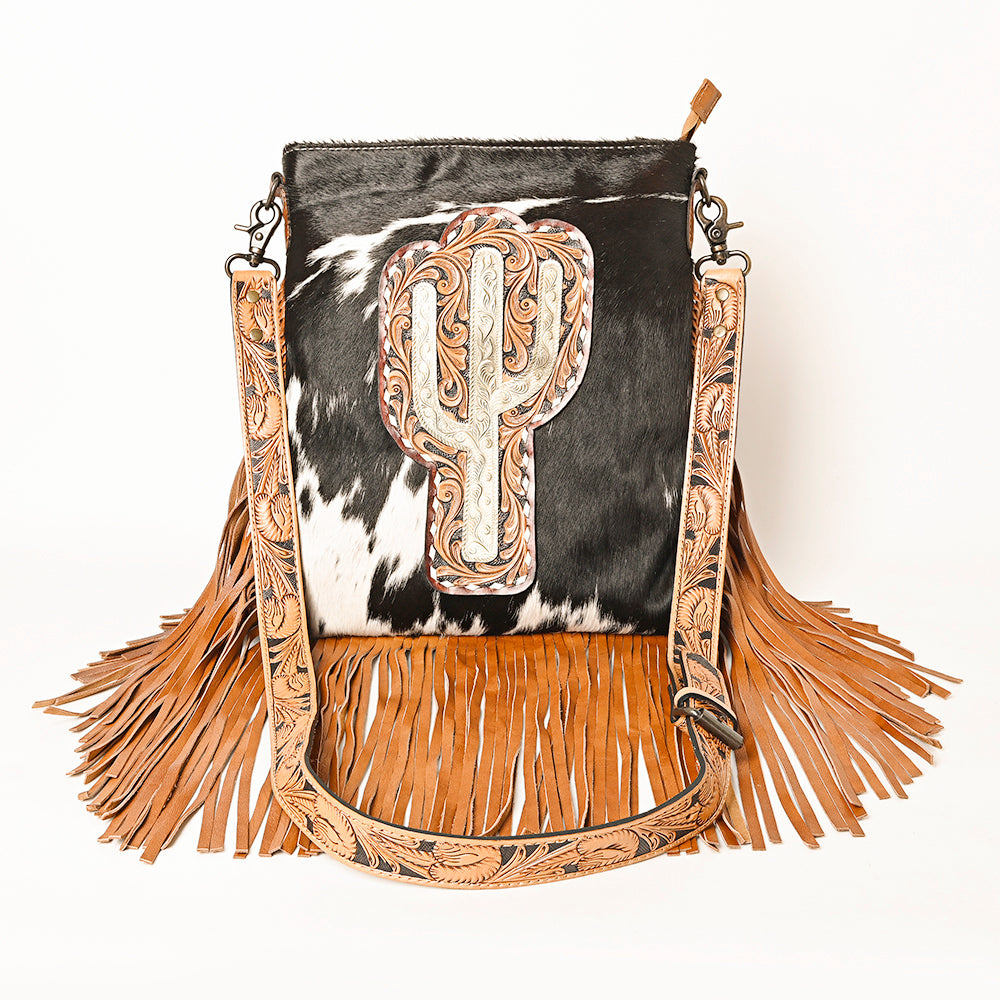 ADBG1299 American Darling Western Leather Hair-On Cowhide Large Crossbody Bag with Hand-Tooled Fringe Detail
