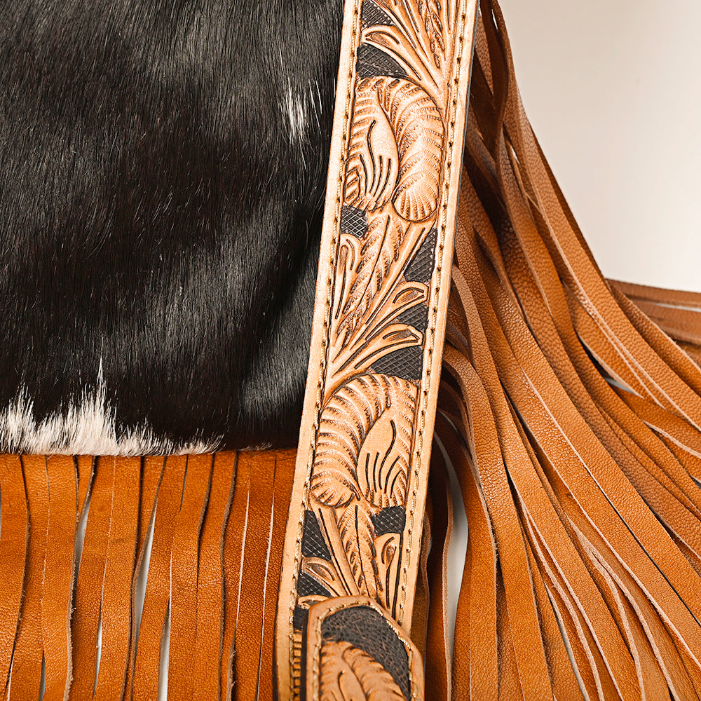ADBG1299 American Darling Western Leather Hair-On Cowhide Large Crossbody Bag with Hand-Tooled Fringe Detail