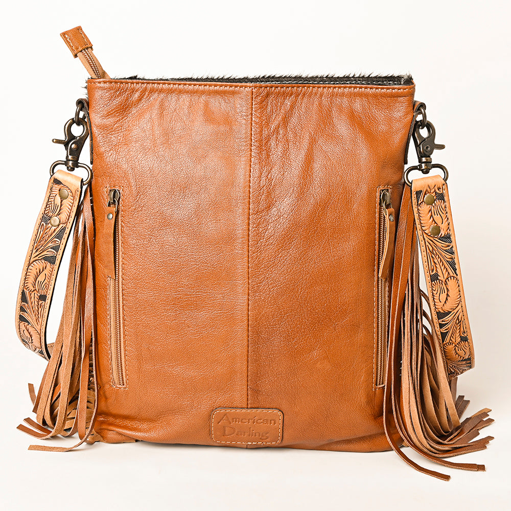 ADBG1299 American Darling Western Leather Hair-On Cowhide Large Crossbody Bag with Hand-Tooled Fringe Detail