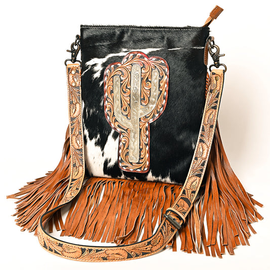 ADBG1299 American Darling Western Leather Hair-On Cowhide Large Crossbody Bag with Hand-Tooled Fringe Detail