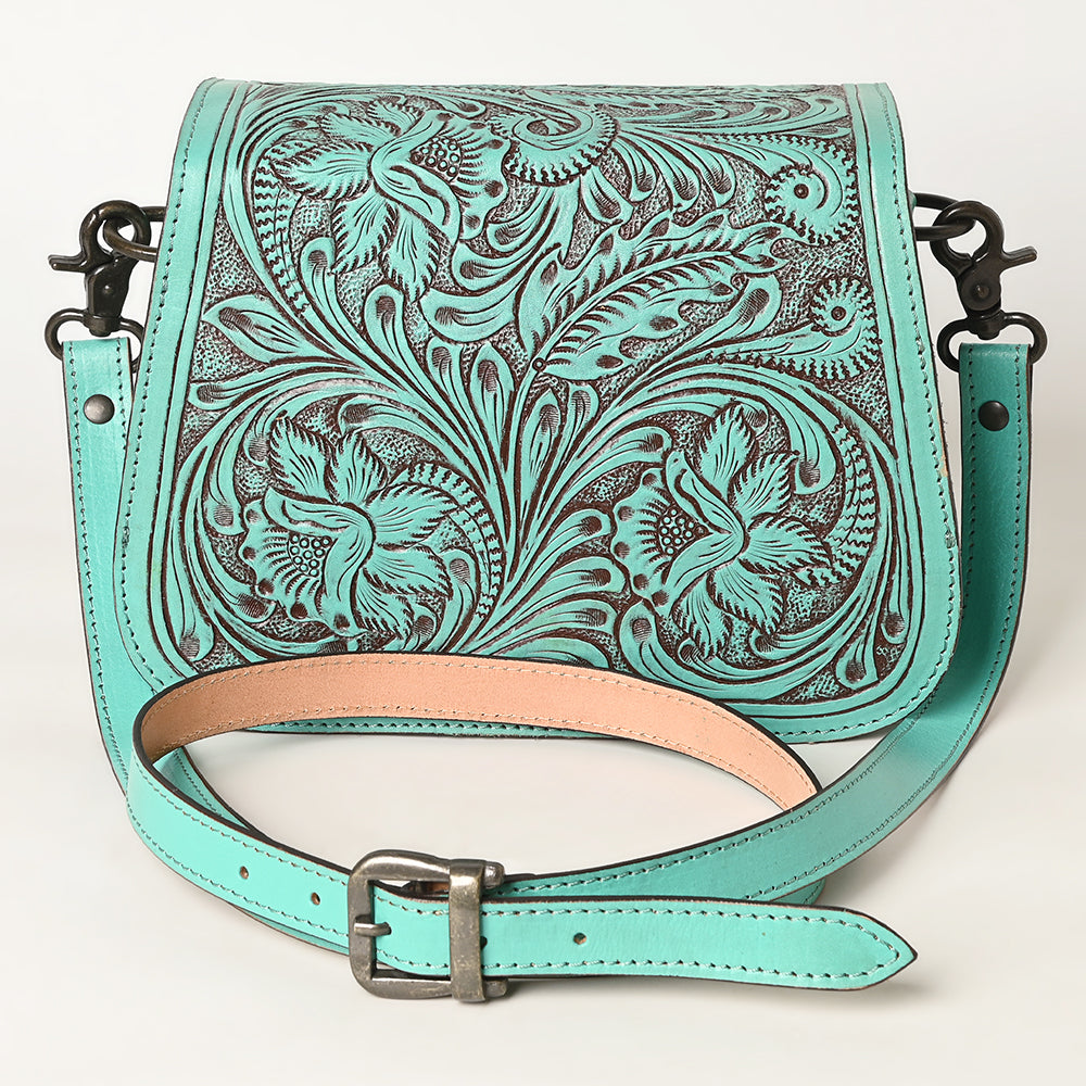 ADBGZ781 Turquoise Tooled Leather Crossbody Bag - Floral Handcrafted Western Purse