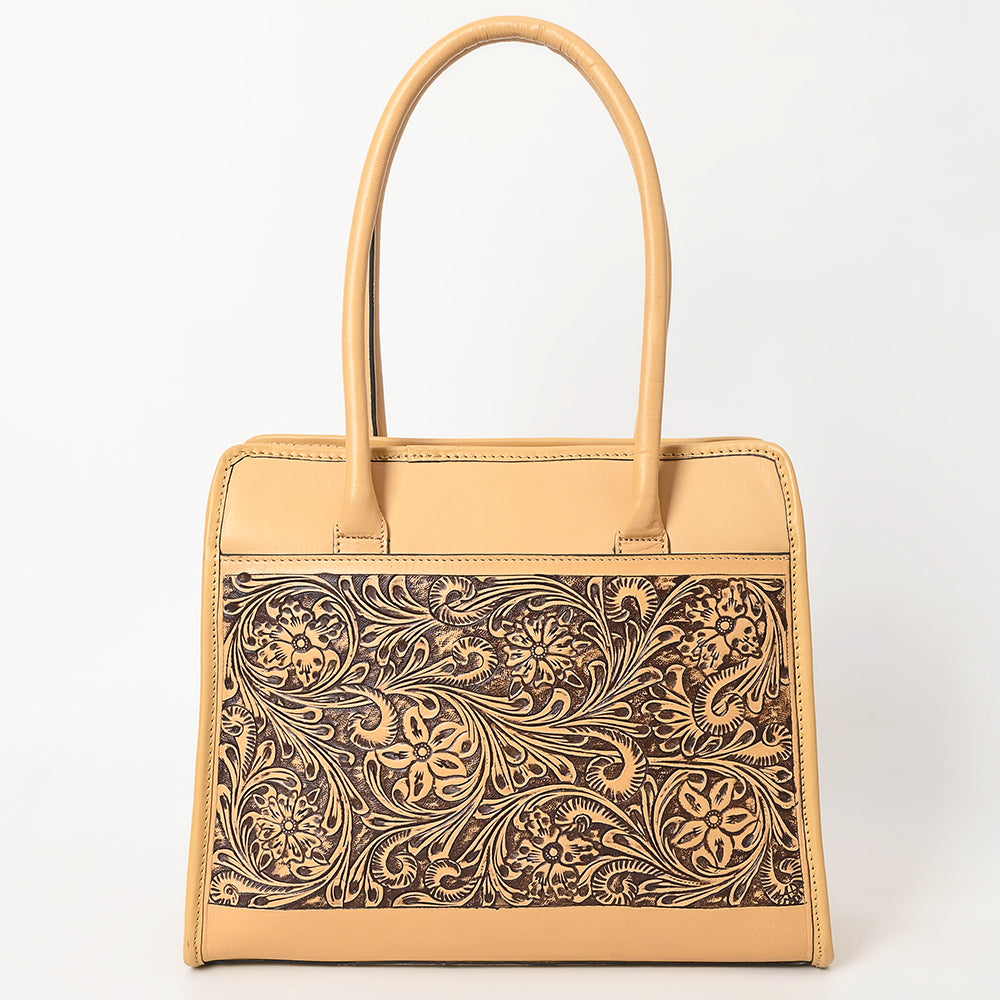 LC-ADBGZ782 Structured Tan Leather Tote - Hand-Tooled Western Floral Panel