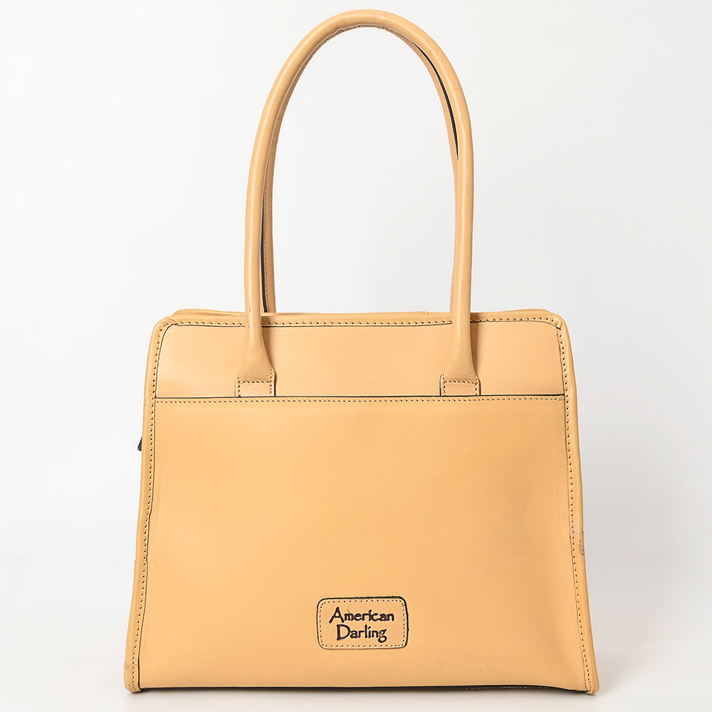 LC-ADBGZ782 Structured Tan Leather Tote - Hand-Tooled Western Floral Panel