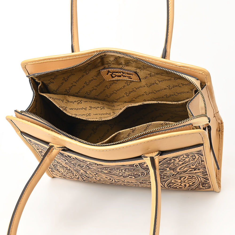 LC-ADBGZ782 Structured Tan Leather Tote - Hand-Tooled Western Floral Panel