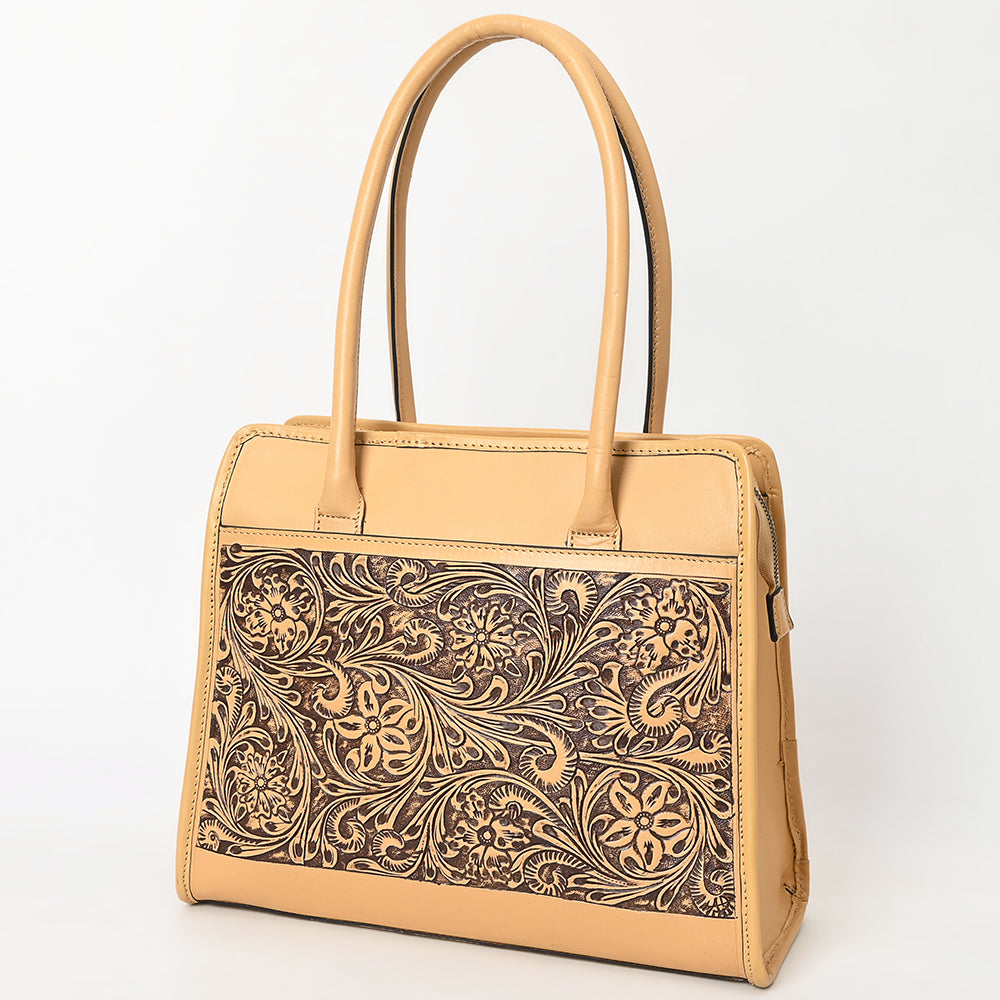 LC-ADBGZ782 Structured Tan Leather Tote - Hand-Tooled Western Floral Panel