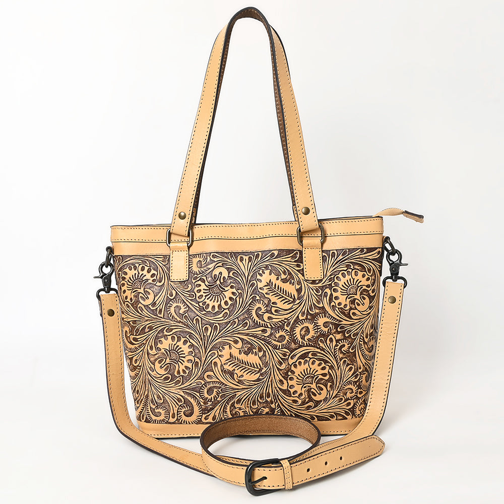 LC-ADBGZ783 Hand-Tooled Tan Leather Tote Bag - Western Floral Design with Detachable Strap
