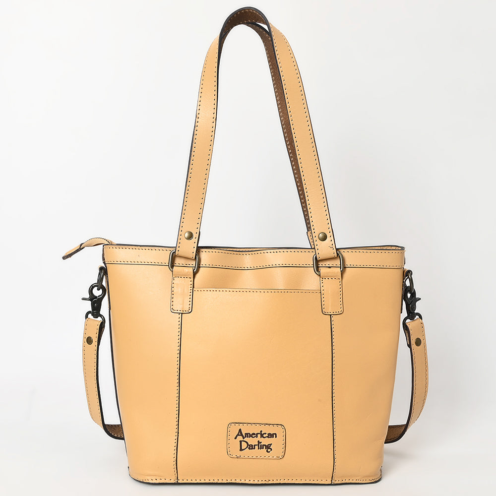 LC-ADBGZ783 Hand-Tooled Tan Leather Tote Bag - Western Floral Design with Detachable Strap