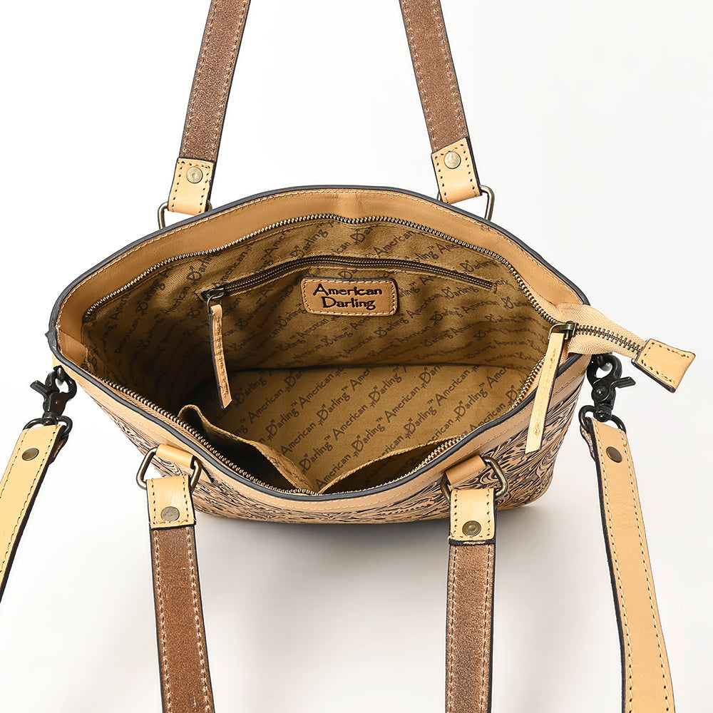 LC-ADBGZ783 Hand-Tooled Tan Leather Tote Bag - Western Floral Design with Detachable Strap