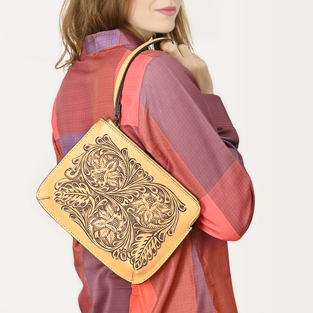 ADBGZ784 Hand-Tooled Leather Wristlet Clutch - Western Floral Design