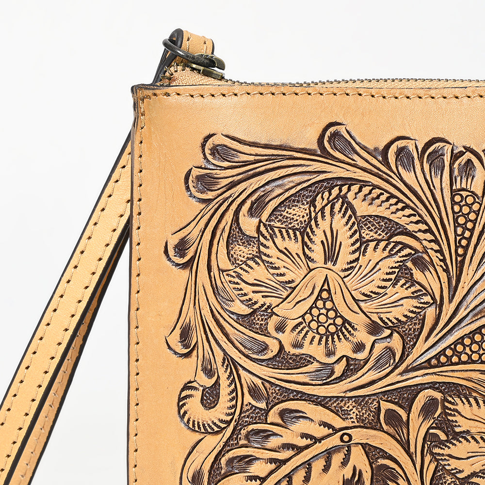 ADBGZ784 Hand-Tooled Leather Wristlet Clutch - Western Floral Design
