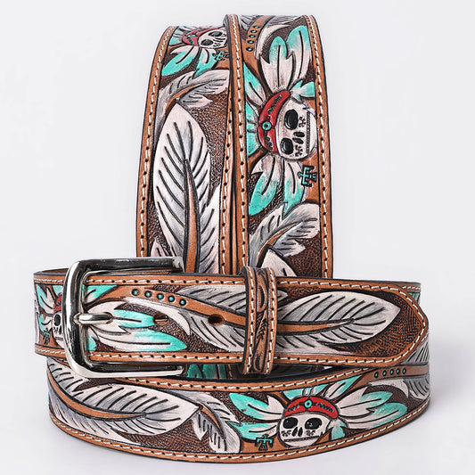 OHBTG104 American Darling Hand Tooled Leather Skull & Feather Belt