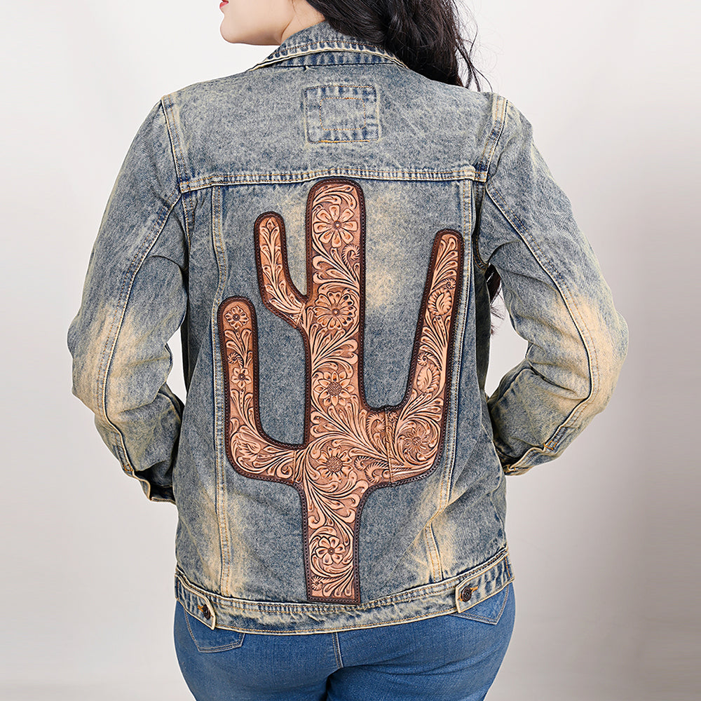 LC-ADJKT021 Cactus Tooled Leather Denim Jacket - Western Vintage Style