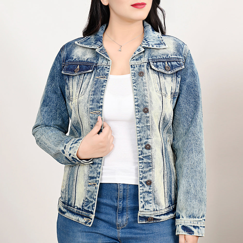 LC-ADJKT024 Tooled Leather Sunflower Fringe Denim Jacket - Western Chic