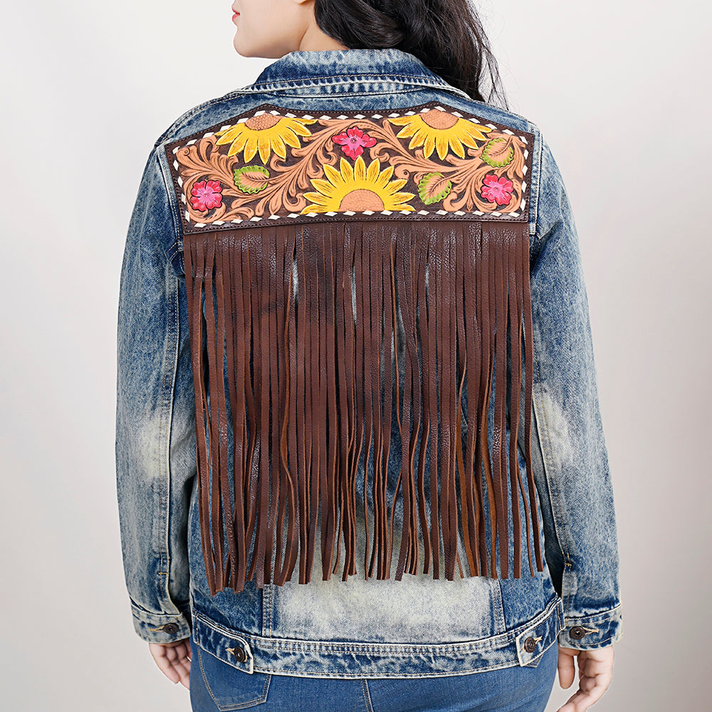LC-ADJKT024 Tooled Leather Sunflower Fringe Denim Jacket - Western Chic