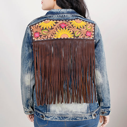 LC-ADJKT024 Tooled Leather Sunflower Fringe Denim Jacket - Western Chic