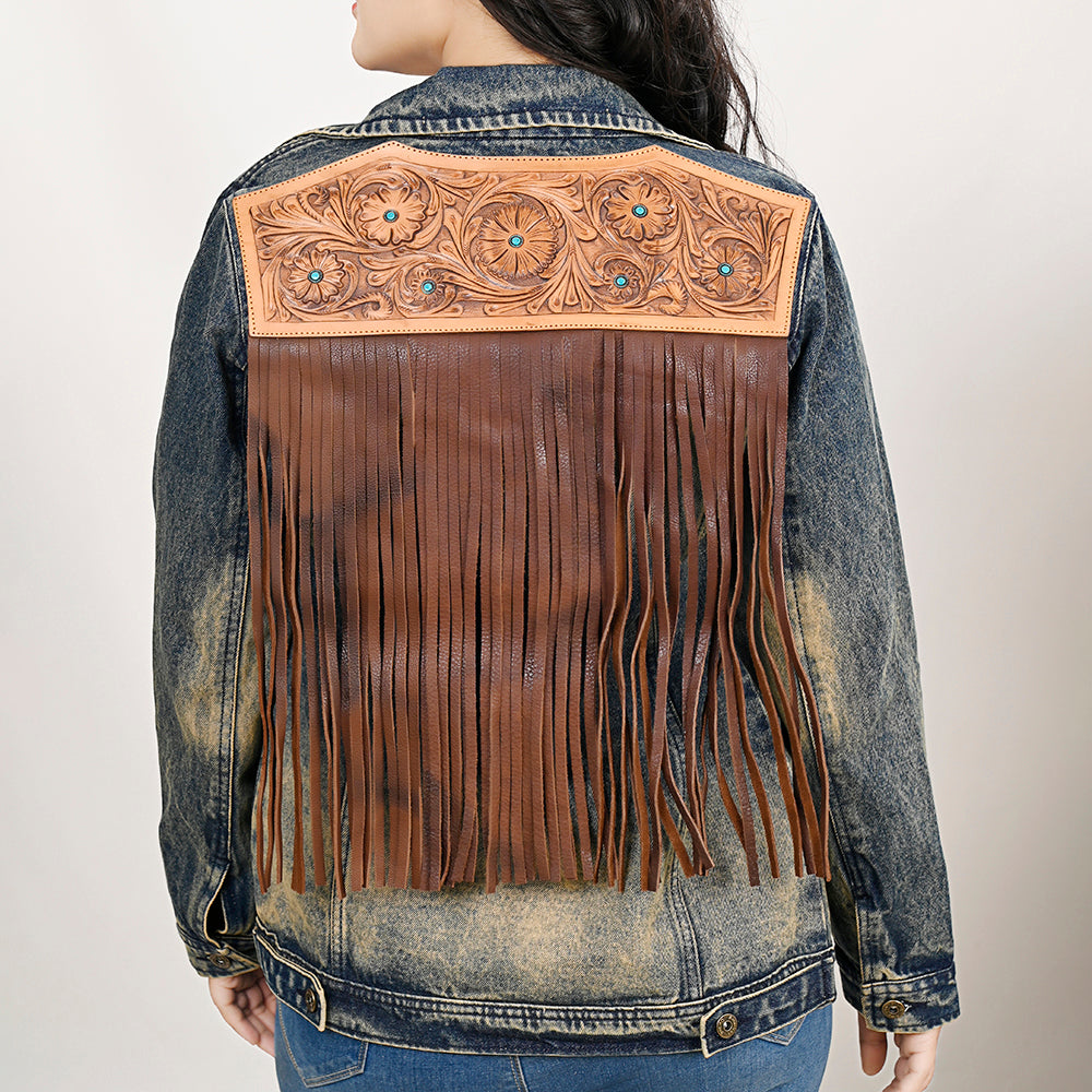 LC-ADJKT025 Turquoise Studded Tooled Leather Fringe Denim Jacket - Western Classic