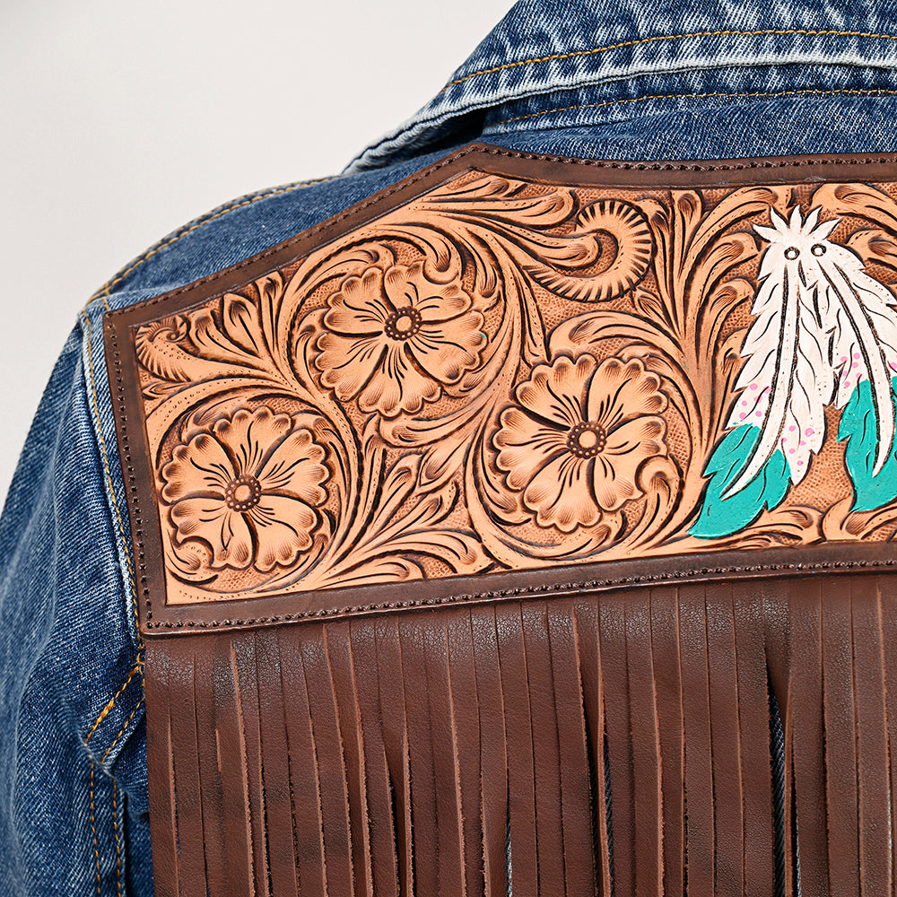 LC-ADJKT029 Women's Stonewashed Denim Jacket with Feather Tooled Leather Yoke & Fringe