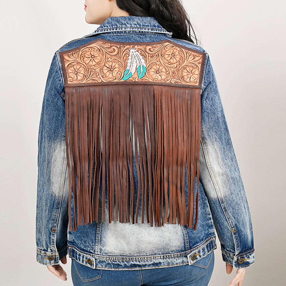 LC-ADJKT029 Women's Stonewashed Denim Jacket with Feather Tooled Leather Yoke & Fringe